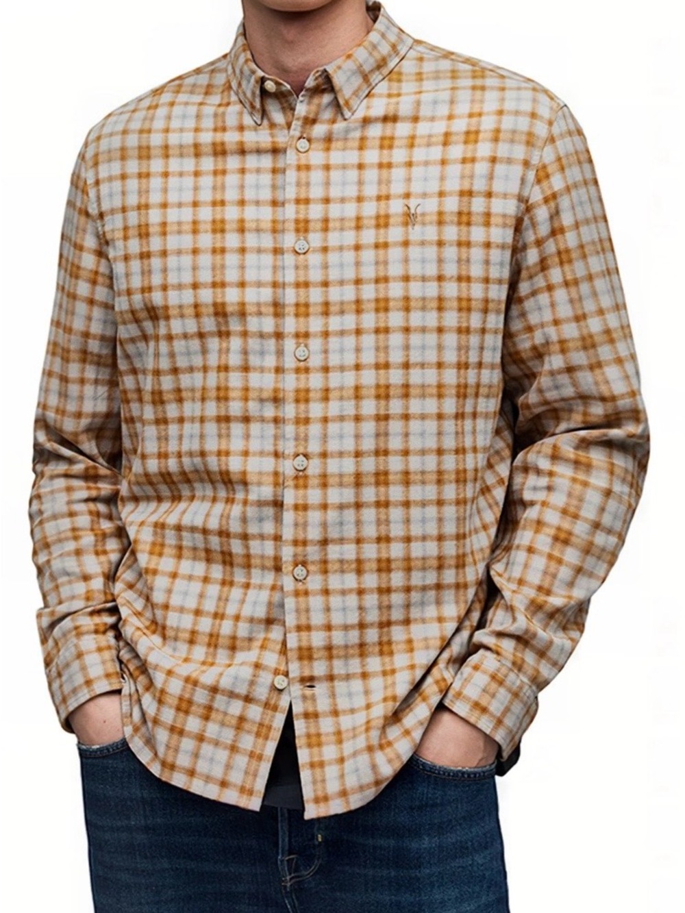 AllSaints NWT Sonny Plaid Flannel Small Button-Up Shirt – Faded Taupe